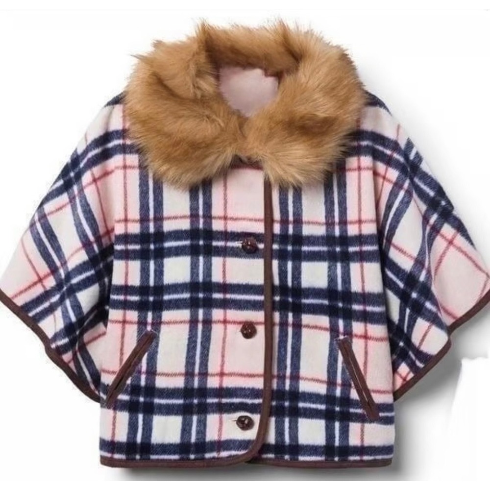 Janie and Jack Plaid Faux Fur Collar‎ Cape Poncho Girls Size 5/6